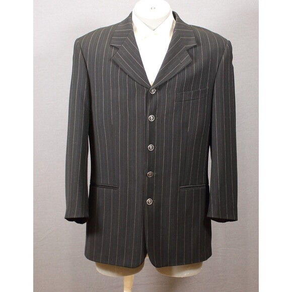 ZANETTI Mens 2 Piece Suit Black Striped 5 Btn Wool 44R Pleated Fronts 34" W - Picture 3 of 14